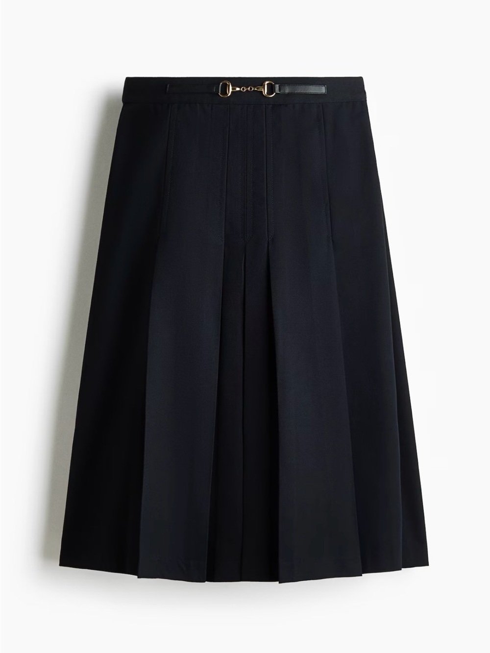H&M Black Midi Pleated Skirt with Gold Horsebit Accent